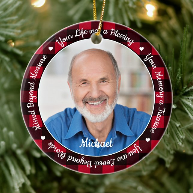 Remembrance Keepsake Red Plaid 2 Photo Memorial Ceramic Ornament (Creator Uploaded)