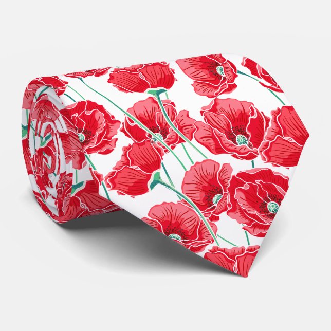 Remembrance red poppy field floral pattern tie (Rolled)