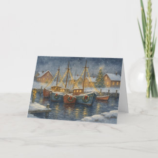 Remerciements Bateaux de pêche en port Carte de Noël