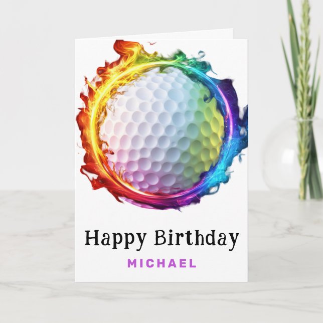 Remerciements *~* Carte d'anniversaire Balle de Golf Feu Arc-en- (Devant)