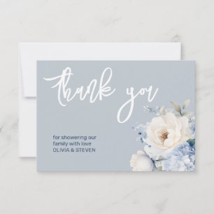 Remerciements Carte de baby shower floral bleu et blanc poussiér