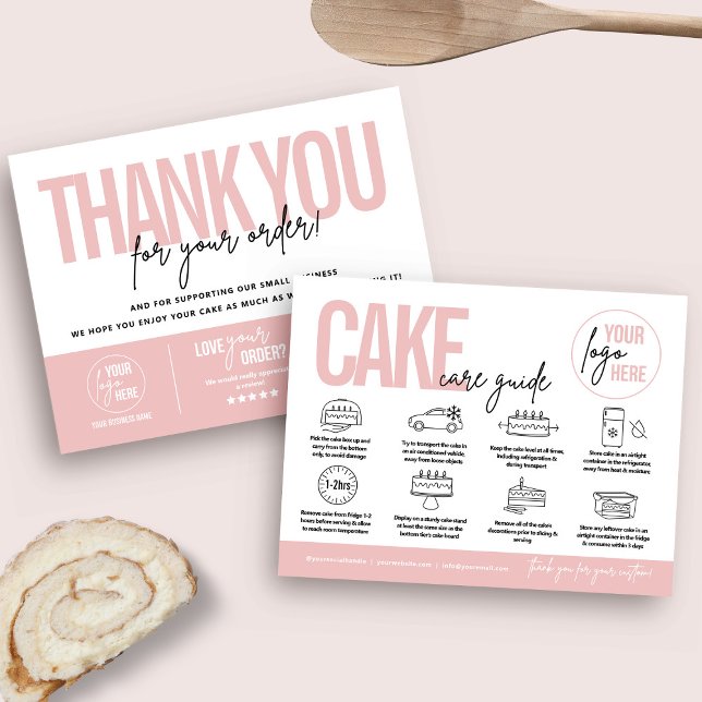Remerciements Carte de conseils de soin de gâteau, instructions  (Pink feminine cake care card and business thank you card)