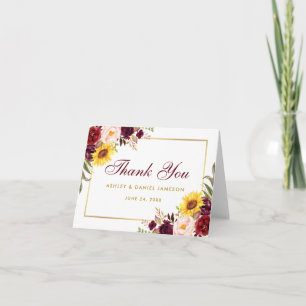 Remerciements Carte de mariage florale aquarelle or