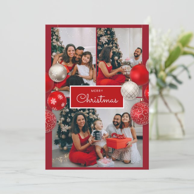 Remerciements Carte de Noël – Nœud Rouge, 4 Photos, Personnalisé (Debout devant)
