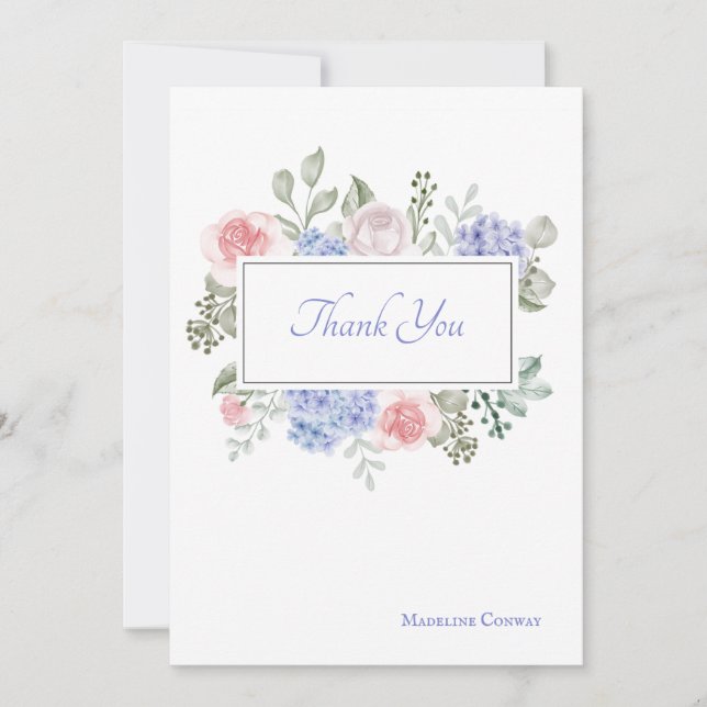 Remerciements Carte de remerciement avec roses et hortensias (Devant)