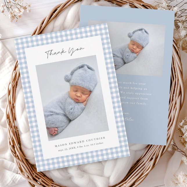 Remerciements Carte de remerciement bébé garçon à motif gingham  (Blue Gingham Boys Baby Photo Thank You Cards.)