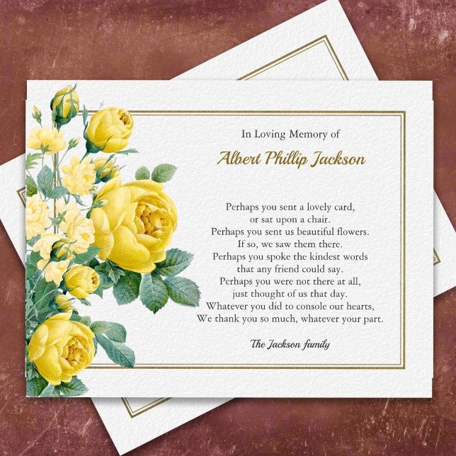 Remerciements Carte de remerciement de funérailles de sympathie  (Elegant Yellow Rose Bereavement Memorial Sympathy Funeral Thank You Card)