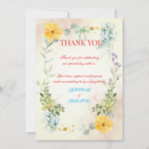 Carte de remerciement de mariage florale jaune et