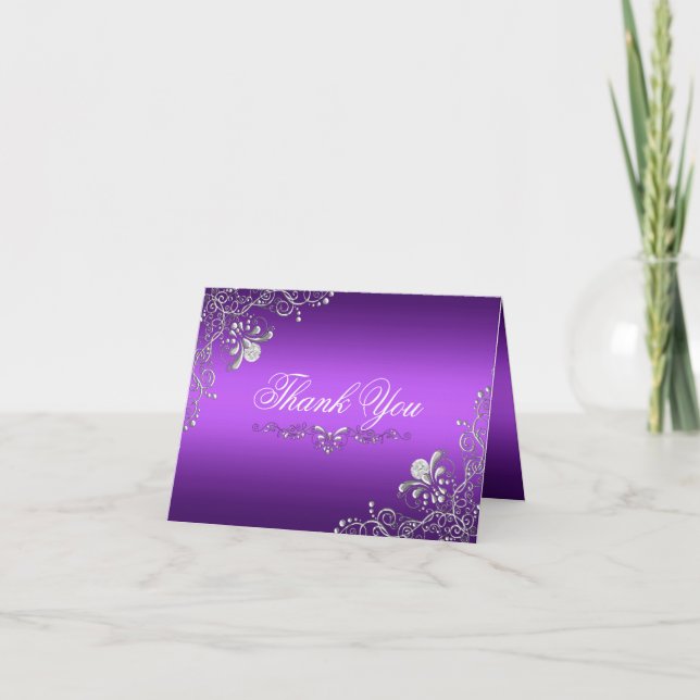 Remerciements Carte de remerciement en damas violet et argent (Devant)