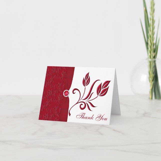 Remerciements Carte de remerciement florale rouge rubis et blanc (Devant)