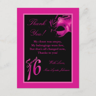 Remerciements Carte de remerciement plate 4x5 Sweet 16 rose noir