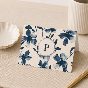 Remerciements Carte de remerciement pliée Monogramme Fleurs bleu