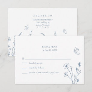 Remerciements Carte de réponse Fleurs sauvages et papillons bleu