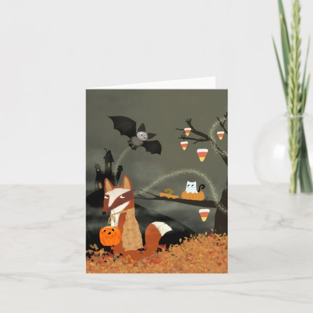 Remerciements Carte de voeux éffrayant Halloween Fox et Bat BLAN (Devant)