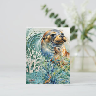 Remerciements Carte de vœux Lion de mer et bébé à l'aquarelle