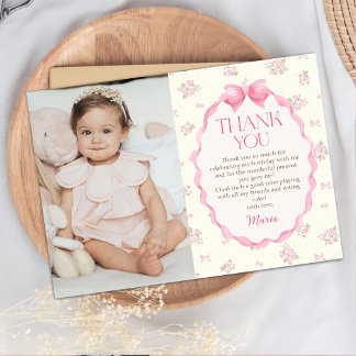 Remerciements Coquette Pink Bow Anniversaire Photo Carte de reme
