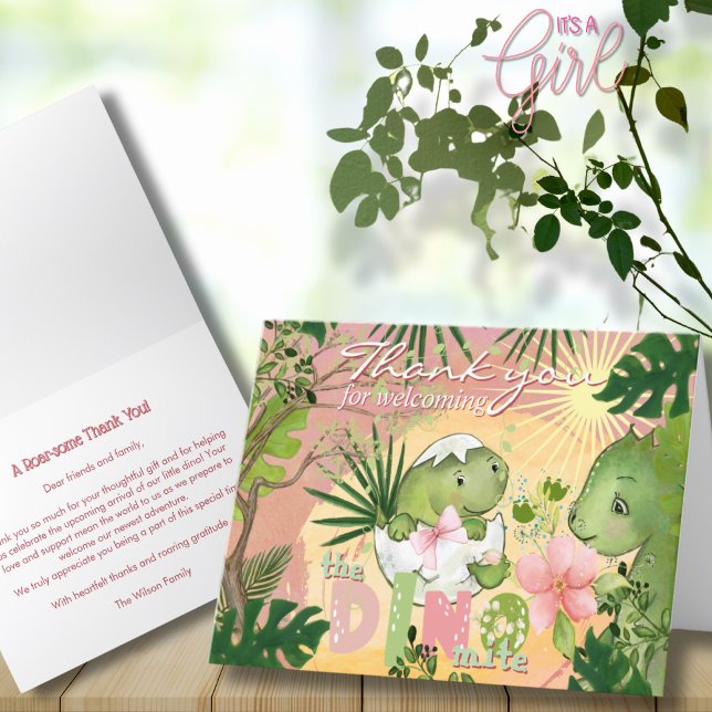 Remerciements Dino éclos avec carte de remerciement à arc rose (Hatching Dino with Pink Bow Thank You Card)