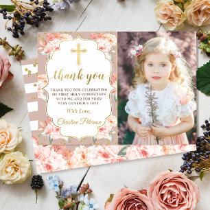 Remerciements Gold Pastel Coral Floral Communion Carte de remerc
