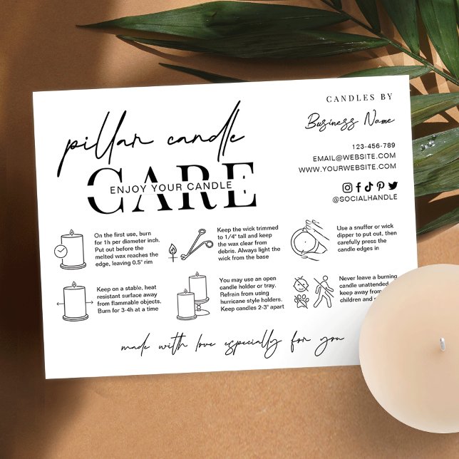 Remerciements Guide de sécurité des bougies Pillar Carte de soin (Modern pillar candle safety instructions cards with candle care icons)