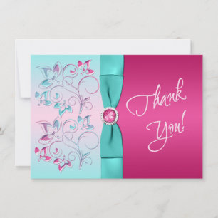 Remerciements IMPRIMÉ BOW Pink, Aqua Floral PHOTO Carte de remer