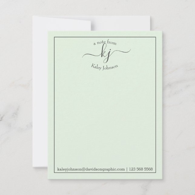 Remerciements Monogramme Script Vert Du Bureau De La Carte Note (Devant)