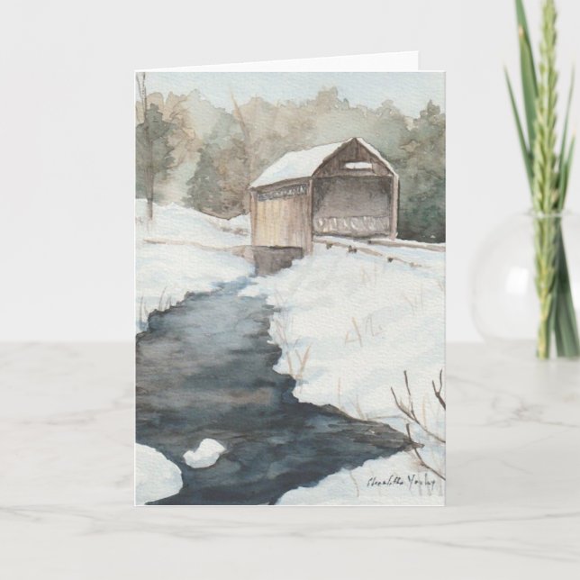 Remerciements Pont couvert dans la neige Carte de note d'art (Devant)