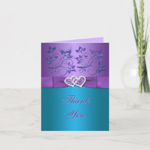 Remerciements Purple, Turquoise Floral, Coeurs Carte de remercie