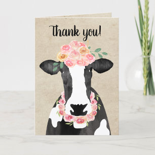 Remerciements Vache mignonne à couronne florale Carte de remerci