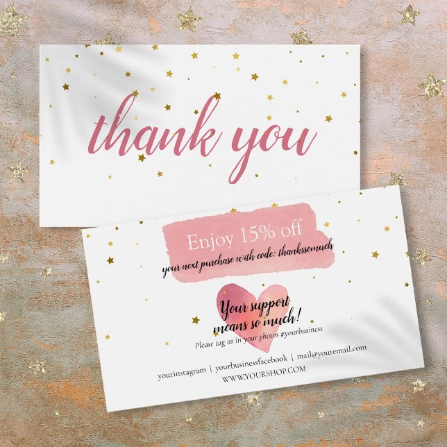 Remise de remerciement aquarelle rose étoiles doré (Gold Stars Pink Watercolor Thank You Discount)