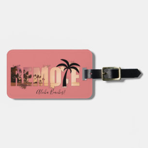 Remote Sunset Beach Palm Tree Word Art  Luggage Tag