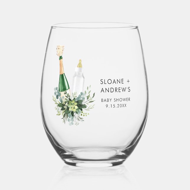REMY Poppin Bottles Baby Shower Stemless Wine Glass (Front)