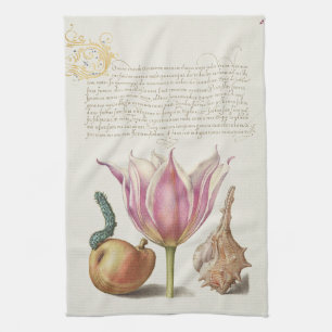 Renaissance Calligraphy Art Pink Tulip and Pear Kitchen Towel