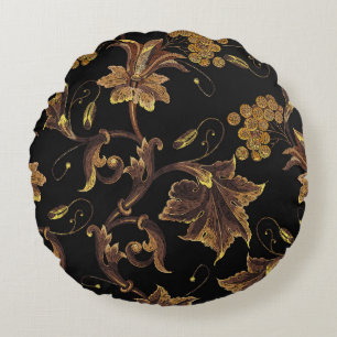 Renaissance Golden Floral Embroidery Pattern Round Pillow