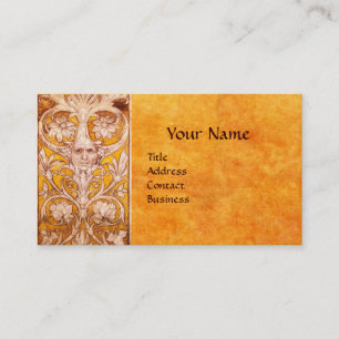 RENAISSANCE GROTESQUE FACE , GOLD FLORAL PARCHMENT BUSINESS CARD