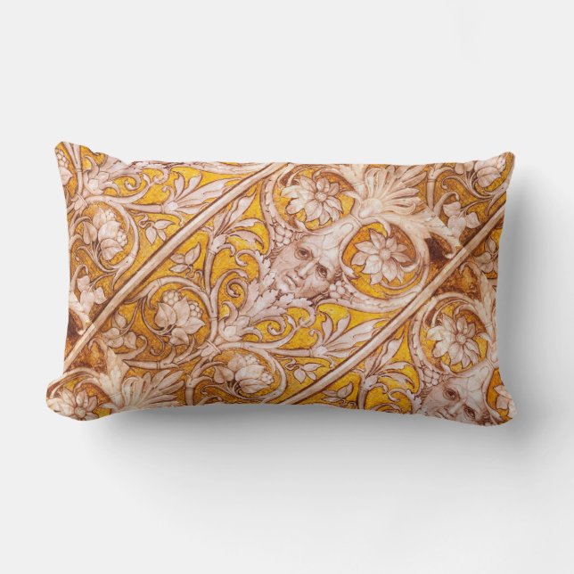 RENAISSANCE GROTESQUE FACE , GOLD WHITE FLORAL LUMBAR PILLOW (Front)