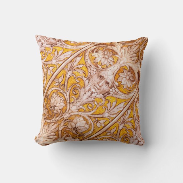 RENAISSANCE GROTESQUE FACE , GOLD WHITE FLORAL THROW PILLOW (Front)