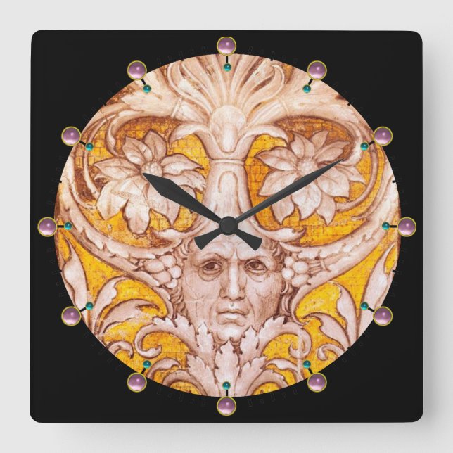RENAISSANCE GROTESQUE FACE WITH GOLD WHITE FLORAL SQUARE WALL CLOCK (Front)