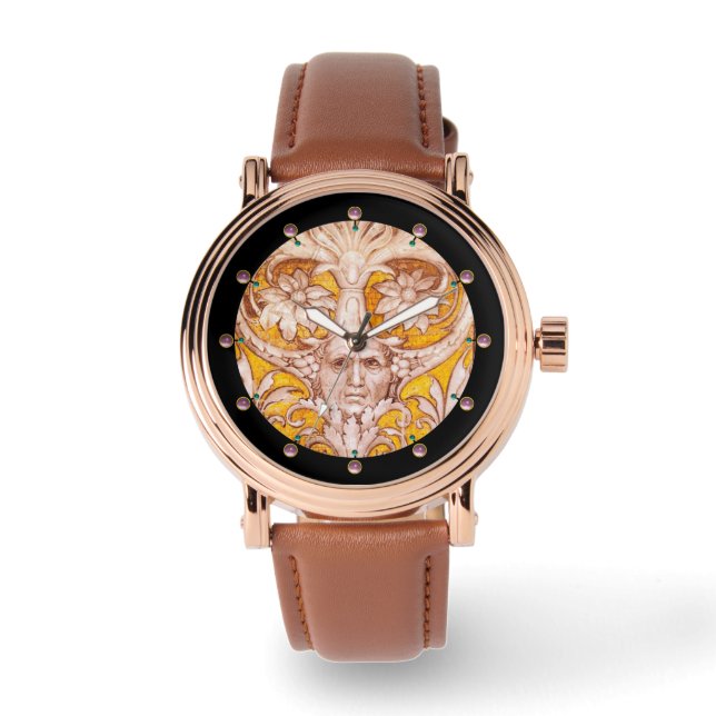 RENAISSANCE GROTESQUE FACE WITH GOLD WHITE FLORAL WATCH (Front)