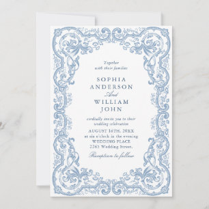 Renaissance Ornate Dust Blue Wedding QR code Invitation