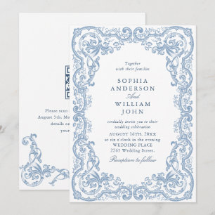 Renaissance Ornate Dust Blue Wedding QR code Invitation