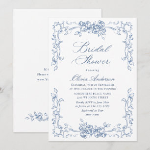 Renaissance Ornate Dusty Blue Floral Bridal Shower Invitation