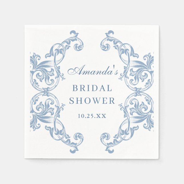 Renaissance Ornate Dusty Blue Floral Bridal Shower Napkin (Front)