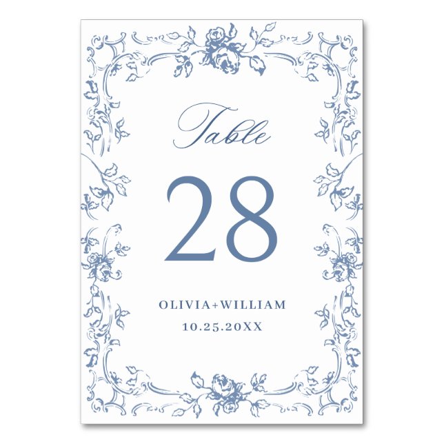 Renaissance Ornate Dusty Blue Floral Wedding Table Number (Front)