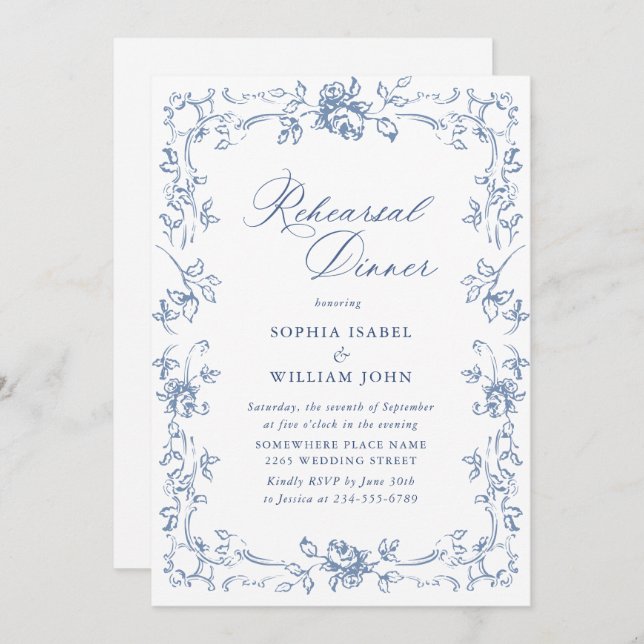 Renaissance Ornate Dusty Blue Rehearsal Dinner Invitation (Front/Back)