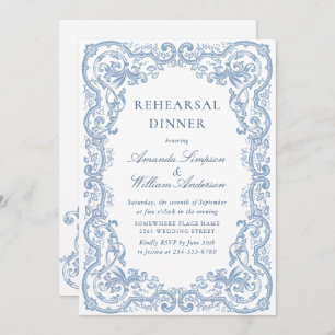 Renaissance Ornate Dusty Blue Rehearsal Dinner Invitation