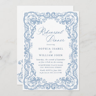 Renaissance Ornate Dusty Blue Rehearsal Dinner Invitation
