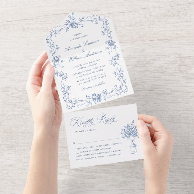 Renaissance Ornate Floral Dusty Blue Wedding All In One Invitation (Tearaway)