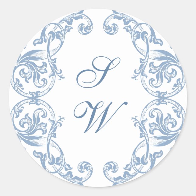 Renaissance Ornate Floral Dusty Blue Wedding Classic Round Sticker (Front)