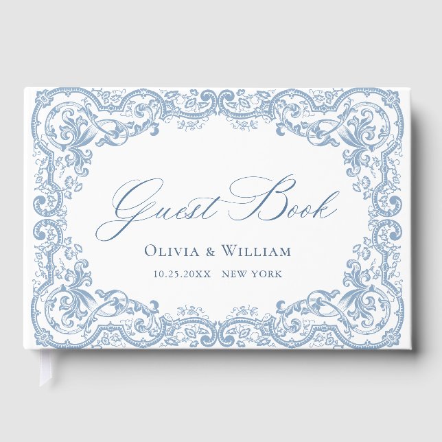 Renaissance Ornate Floral Dusty Blue Wedding Guest Book (Front)