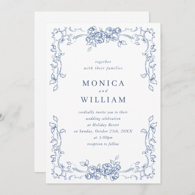 Renaissance Ornate Floral Dusty Blue Wedding Invitation (Front/Back)